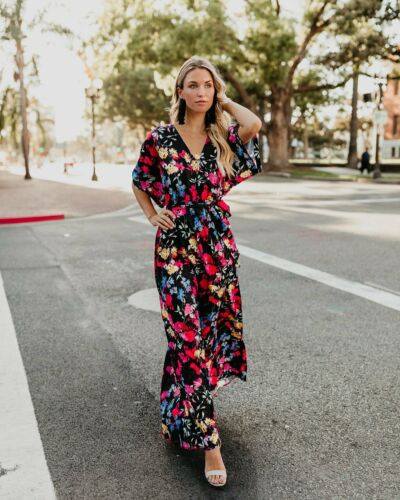 Women's Summer Holiday  Vintage Belt High Waist V-neck Loose Boho Floral Short Sleeve Long Maxi Dress Party Beach Sundress
