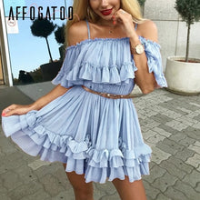 Load image into Gallery viewer, Affogatoo Elegant ruffle off shoulder strap summer pink dress women Casual chiffon pleated blue dress Loose holiday short dress