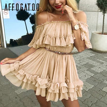 Load image into Gallery viewer, Affogatoo Elegant ruffle off shoulder strap summer pink dress women Casual chiffon pleated blue dress Loose holiday short dress
