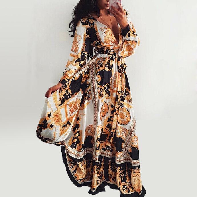 2019 Women Boho Vintage Long Sleeve  Floral Maxi Dress Fashion Holiday Beach V Neck Long Dress