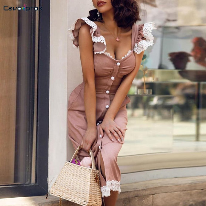 Women Lace Insert Button Through Ruffles Dress Casual Sheath Knee-Length Elegant Solid Slim Fit Holiday Beach Party Dress
