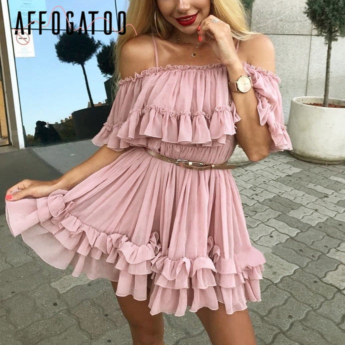 Affogatoo Elegant ruffle off shoulder strap summer pink dress women Casual chiffon pleated blue dress Loose holiday short dress